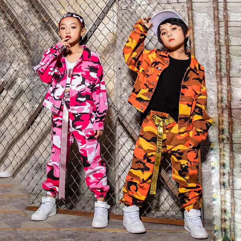 Stage Wear Hip Hop Costume Girls Jazz Dance Costumes For Kids Pink Orange  Camouflage Jacket Pants Boys Street Dancing Clothes Show DN2591