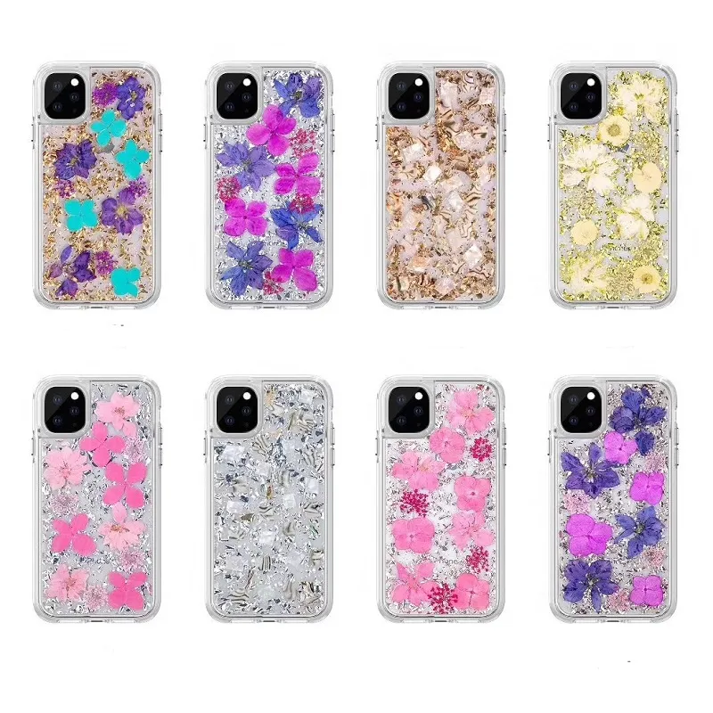 Flores reales secas de lujo Cajones de tel￩fonos est￩ticos florales para iPhone 11 12 13 14 Pro M￡x 7 8 Plus Clear TPU Bumper Cubierta protectora
