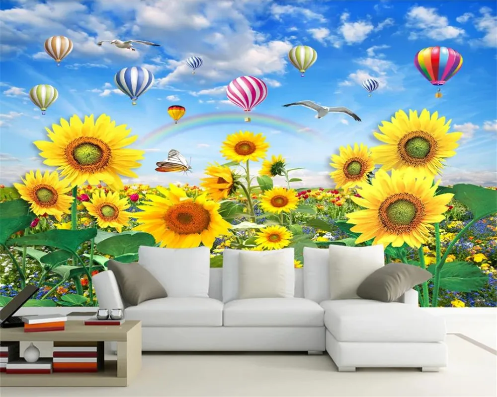 Aangepaste 3d bloem behang mooie zon bloem zee zonneschijn regenboog tv achtergrond muur romantische landschap decoratieve 3D-muurschildering behang