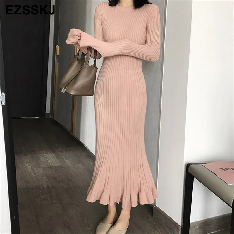 chinese dress ladies Elegant Ribbed Long Sleeve Mermaid Sweater Dress