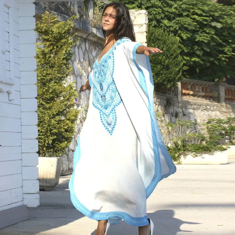 2020 Новый Плюс Размер Женщины Лето Пляжная одежда Кафтан Maxi платье хлопка Туники Bohemian Printed Batwing рукава длинное платье саронг N773