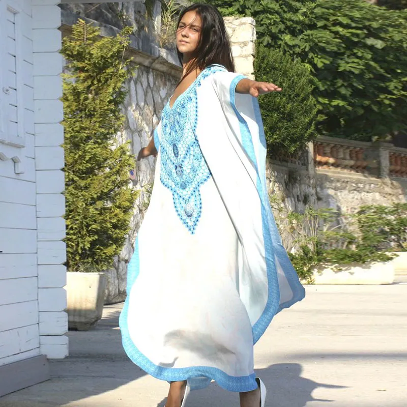 2020 Ny plusstorlek Kvinnor Sommarstrand Wear Kaftan Maxi Klänning Bomull Tunika Bohemian Tryckt Batwing Sleeve Lång Klänning Sarong N773