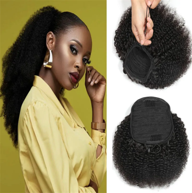 Afro curly Drawstring Ponytail Mongolian indian human hair natural black color kinky curly clip in Hair Extensions for Women