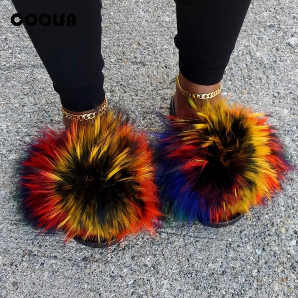 Summer Fluffy Raccoon Fur Slippers Shoes Women Real Fox Fur Flip Flop Flat Furry Fur Slides Outdoor Sandals Woman Amazing Shoes Y200624