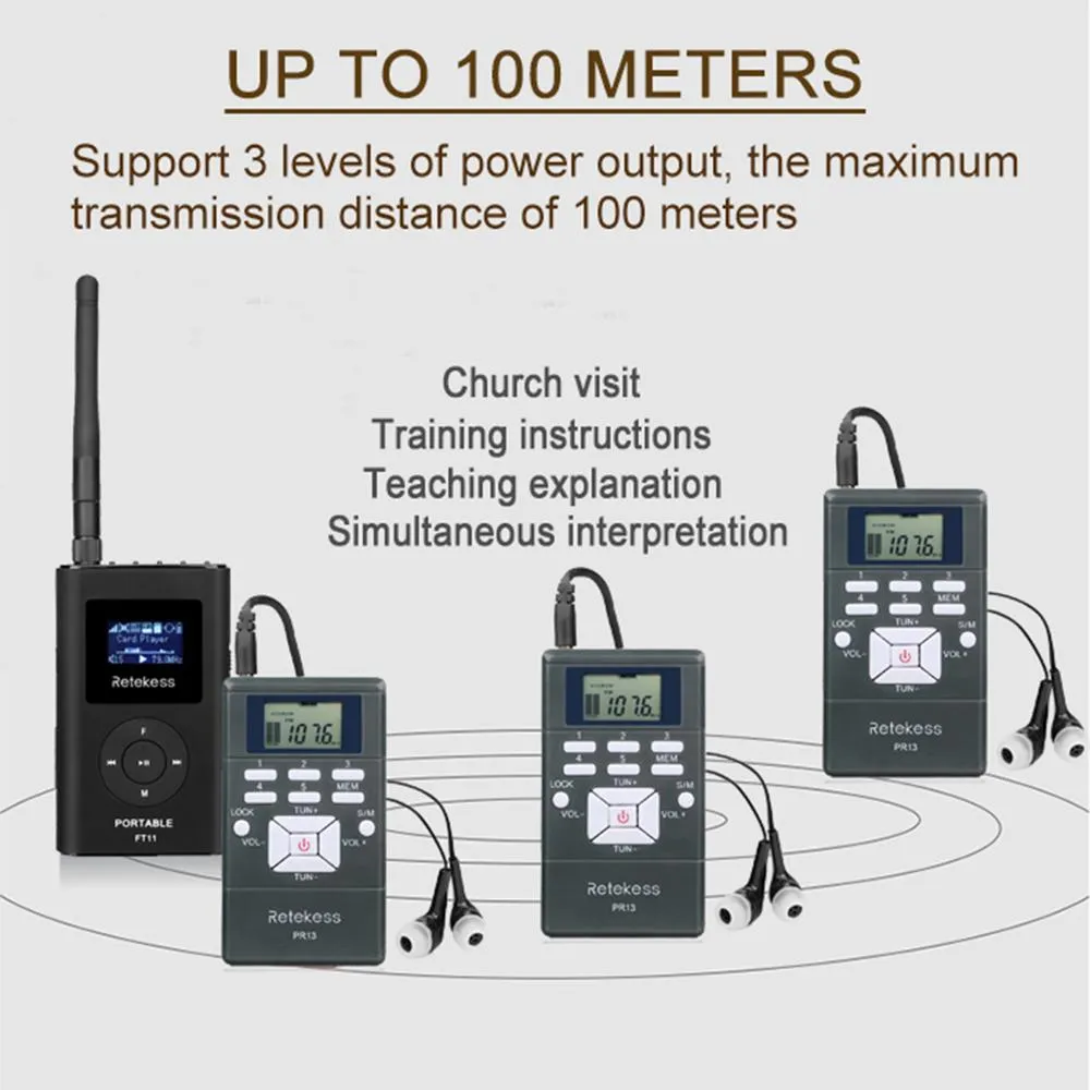 Freeshipping 1 FMトランスミッタFT11 + 10 FMラジオ受信機PR13教会会議訓練を案内するための無線音声伝送システム