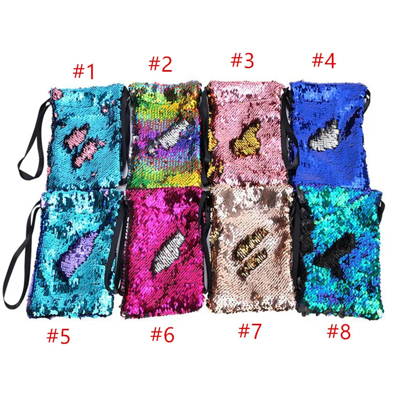 Mermaid Sequins Cellphone Pouch Design Card Holder Double Color Reverse Flip Sequined Drawstring Bag Coin Purses Portable Storage Bags E9105