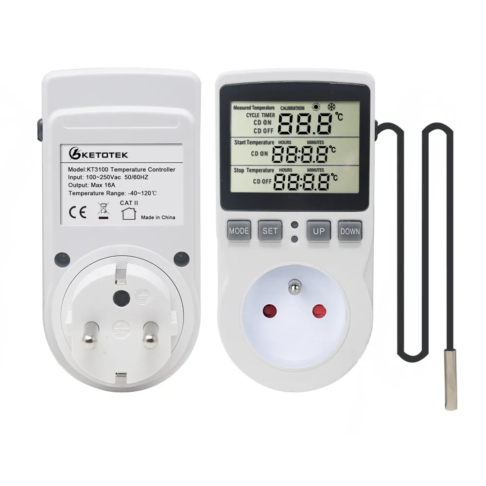 Freeshipping Termostato multifunción Controlador de temperatura digital Toma de corriente con temporizador Interruptor Sensor Sonda Calefacción Enfriamiento 16A 220V