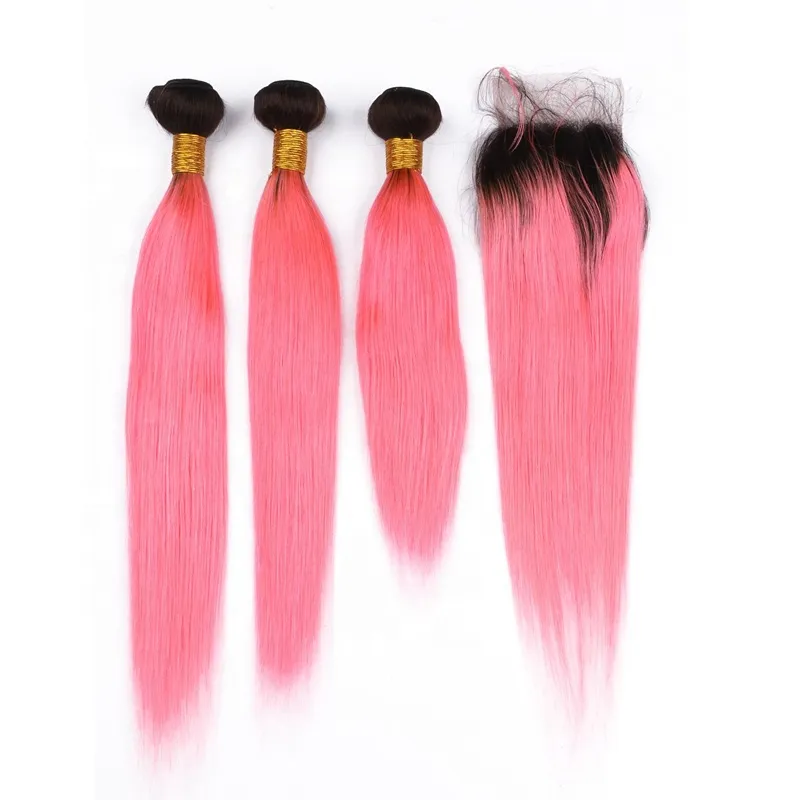 Бразильские волосы 1b, наращивание волос с розовой кутикулой, шелковистые прямые пучки омбре с застежкой 4*4