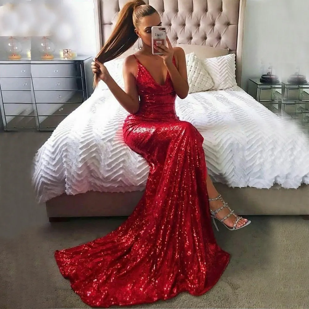 Shiny Red Sequin V Neck Used Formal Gowns With High Slit And Fish