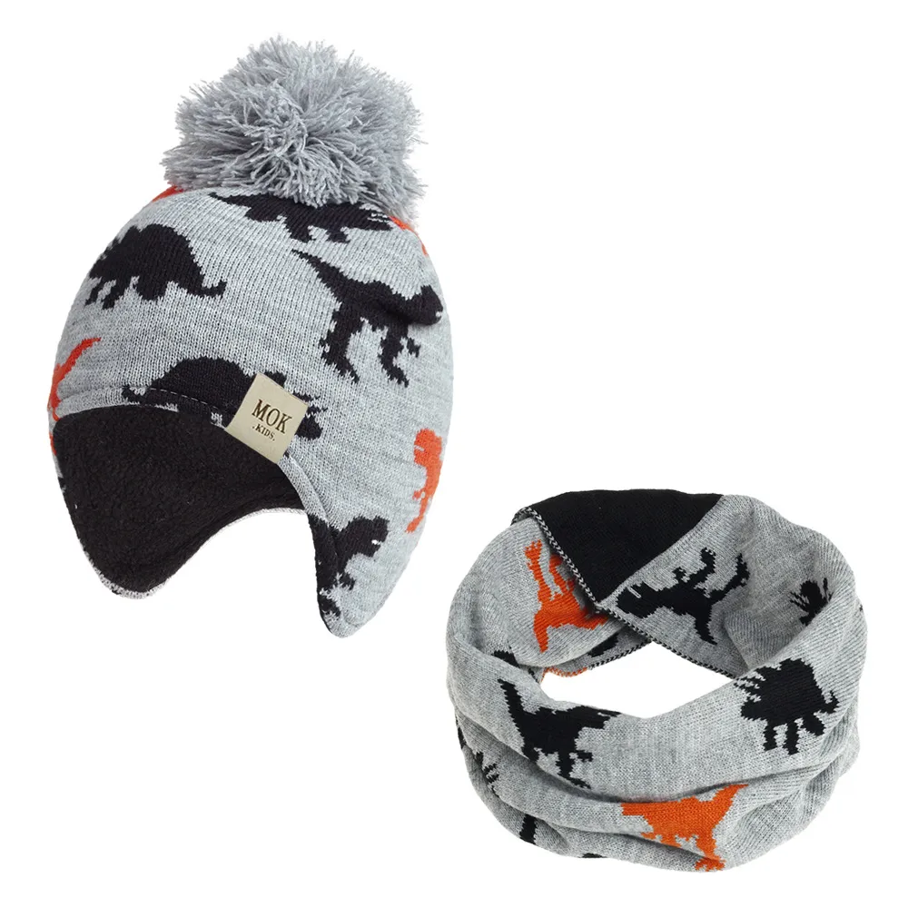 Kid Hat och Scarf Set Baby Beanies Dinosaur Jacquard Bonnet Akryl Hat Soft Nap Inre Varma Bomber Hat