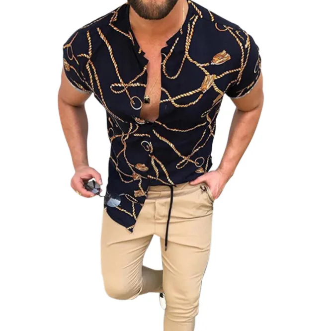 summer Men vintage Shirt Fashion Casual Short Sleeves Printed Shirts Plus size Blouses