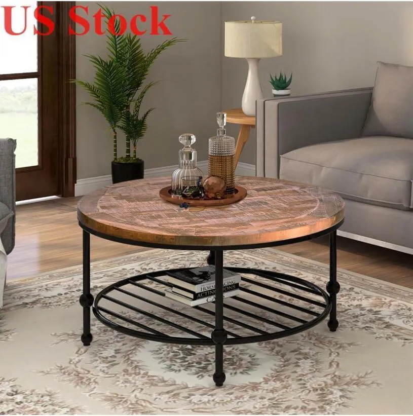 EU Stock Antique Rustic Natural Mesa Redonda de café com armazenamento prateleira para Sala de fácil montagem WF192554AAD