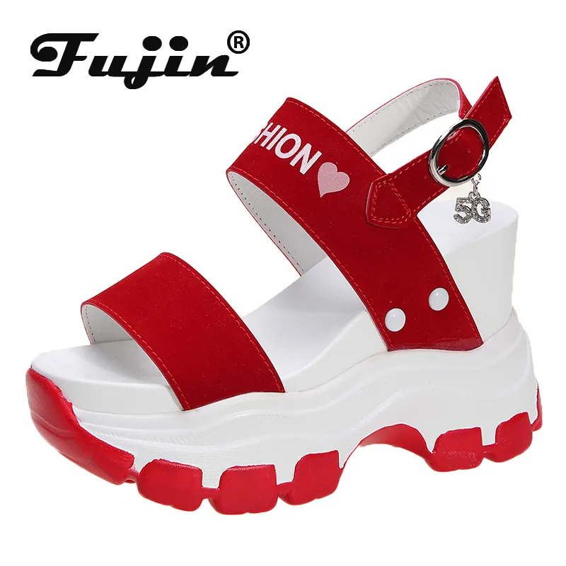 Fujin, sandalias de moda de verano para mujer, tacones altos, plataforma oscilante, zapatos de mujer 2020, cuñas transpirables, zapatos de mujer sólidos con punta abierta 0922