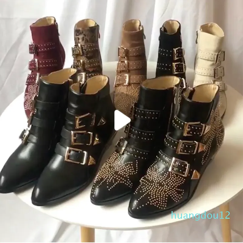 Hot Sale- Women Studded Boots 100% Genuine Leather Ankle Shoes Fashion Girl Winter Martin Booties Chaussures 10 Colors Size 35-42