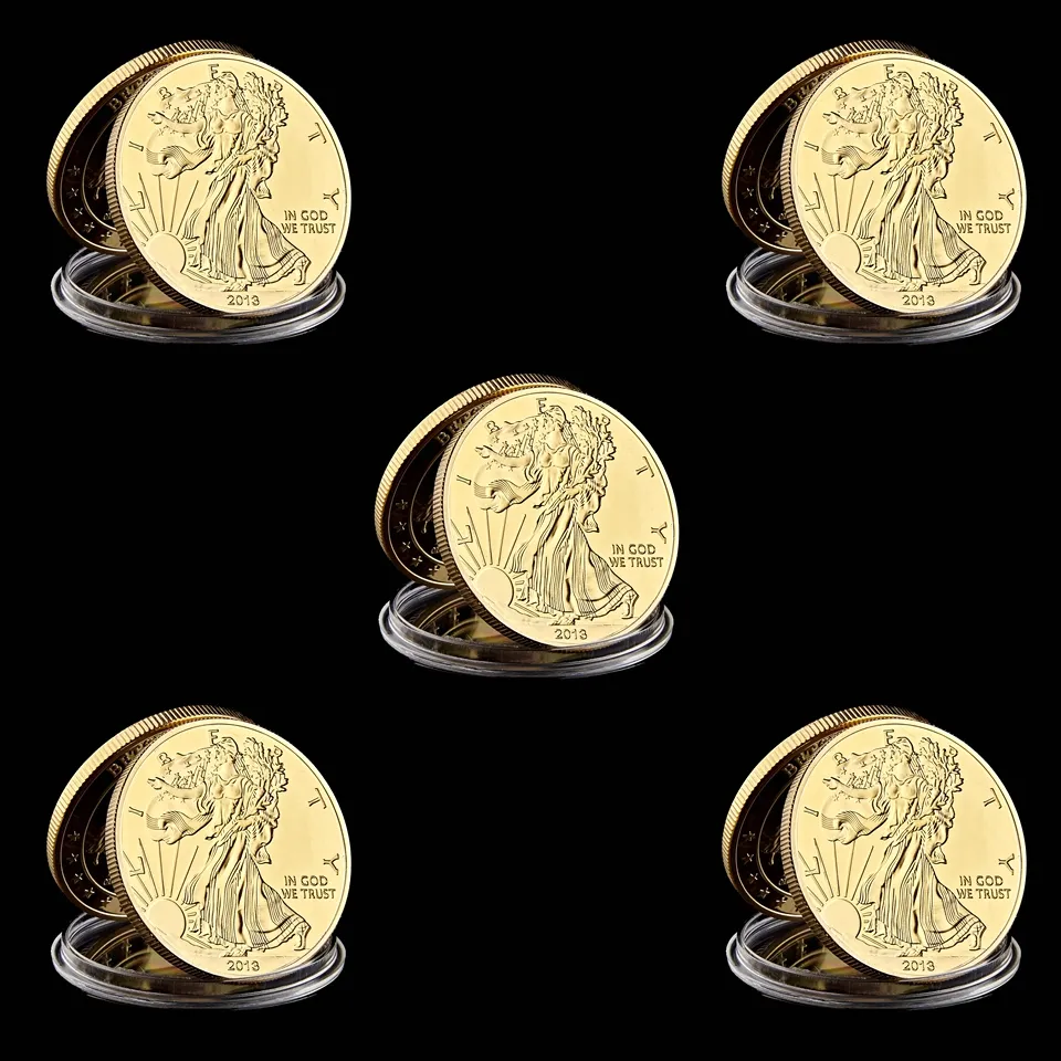 5pcs America 2013 Liberty Craft 999 Gold Fine Plaqué en Dieu Nous faisons confiance à la liberté 24k pièce de souvenirs 40mm de diamètre