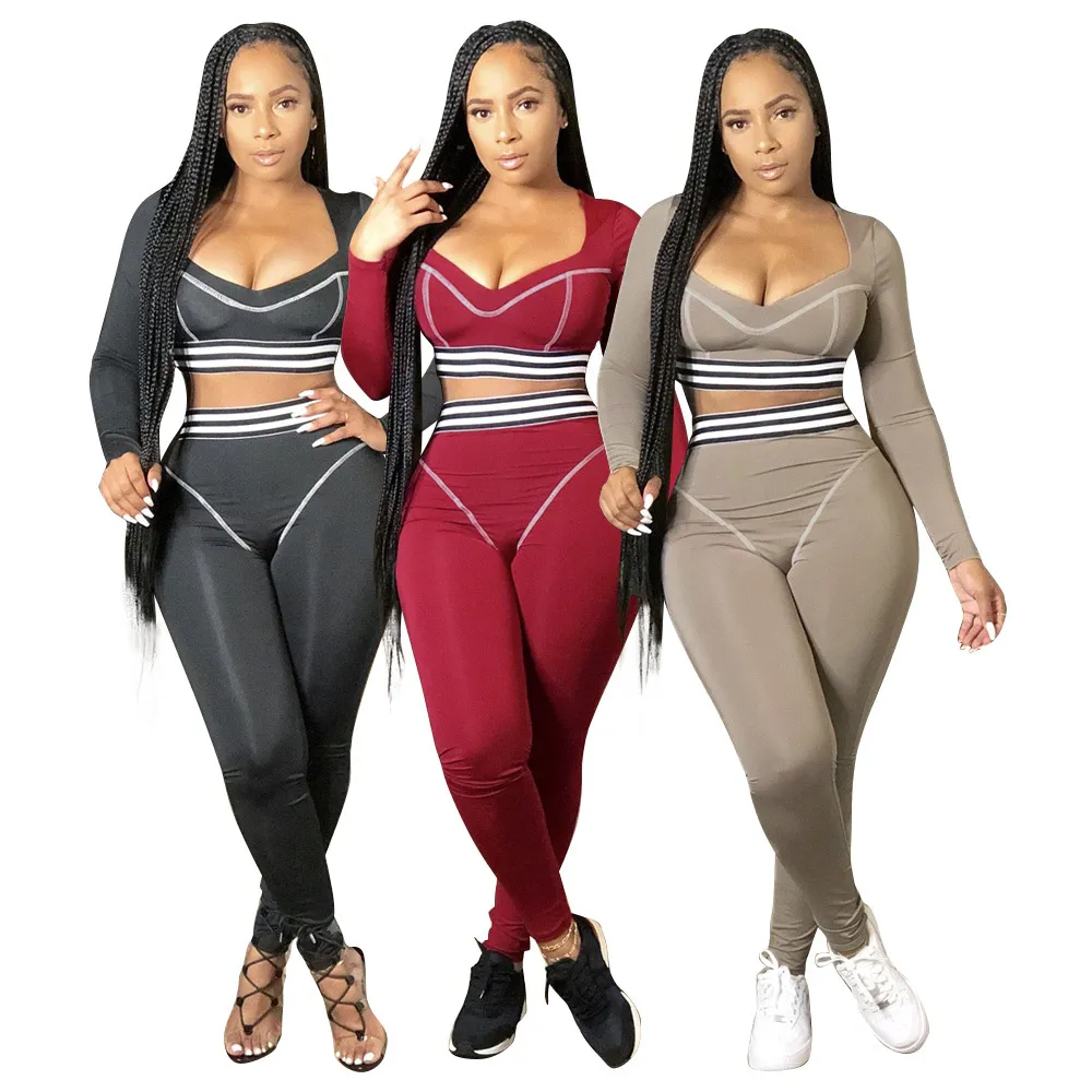 Women's Tracksuits Athletics Fashion Women Two Piece Sets Skinny Line Autumn In 3 Colors Crop Top And Pants Suit