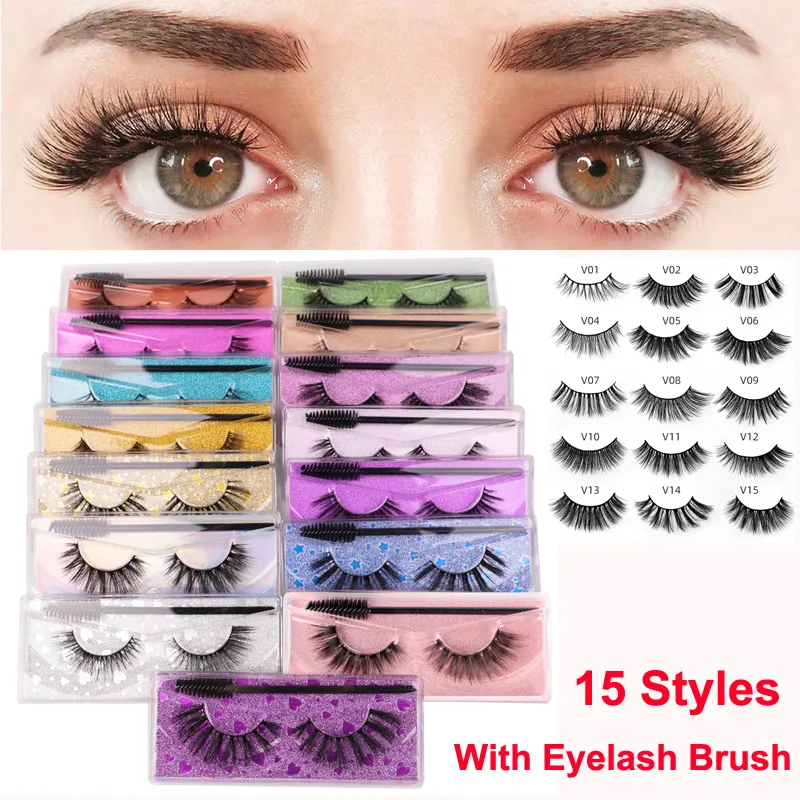 Nya falska ögonfransar 3D Mink Lashes With Mascara Brush Kit Eye Makeup Återanvändbara tjocka naturliga ögonfransar dramatiska 15 stilar handgjorda ögonfransar