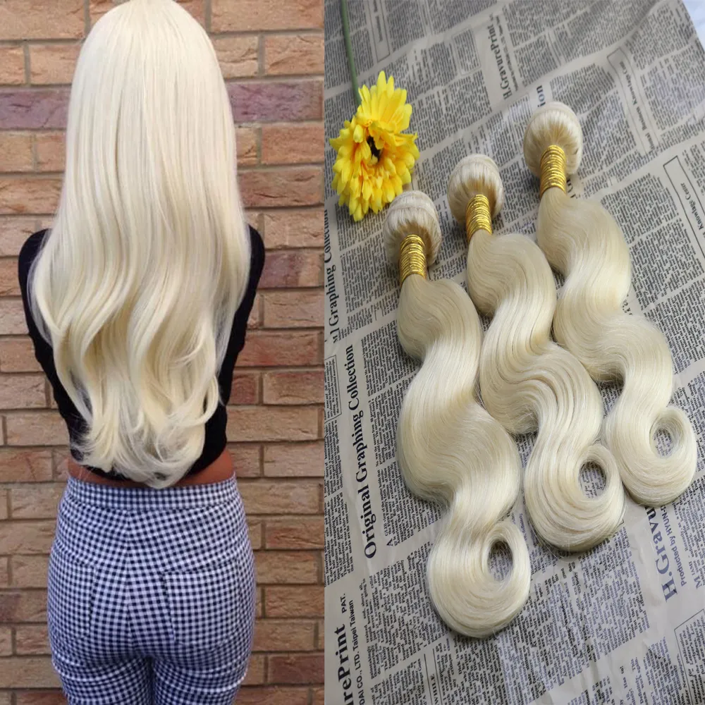 100% onbewerkte Virgin Europese hair extensions body wave remy haarbundels # 613 blonde haar inslag weven 100 g / bundel