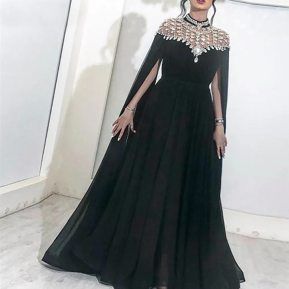 High Neck Black Chiffon Black beaded evening gown with Caped Crystals - Perfect for Prom and Special Occasions in Dubai, Saudi Arabia and Arabic Proms
