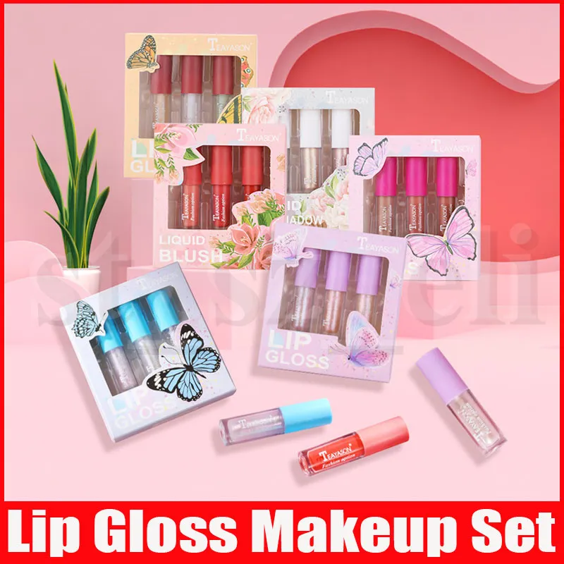 Teamason Lip Make-up Vloeistof Lipstick Sets 3 Kleuren Lip Gloss Oogschaduw Highlighter Blush Plulm Pluld Gloss Moisturizer 6 stijlen