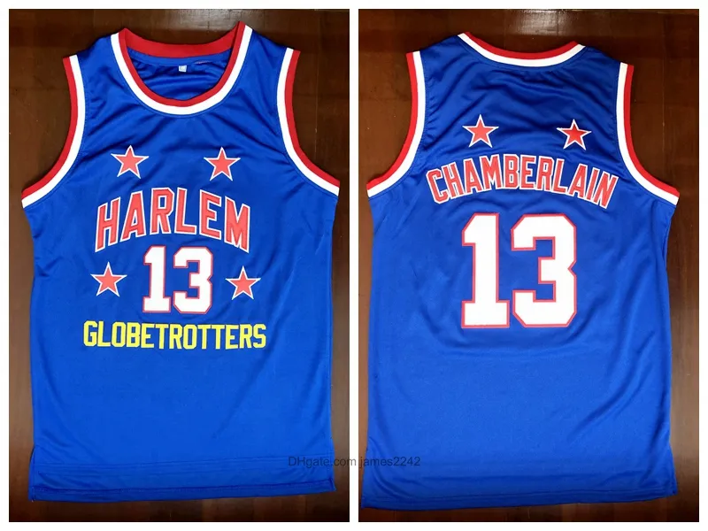 Harlem Globetrotters 13 Wilt Chamberlain College Basketball Jersey Vintage Blue All Stitched Size S-3XL.