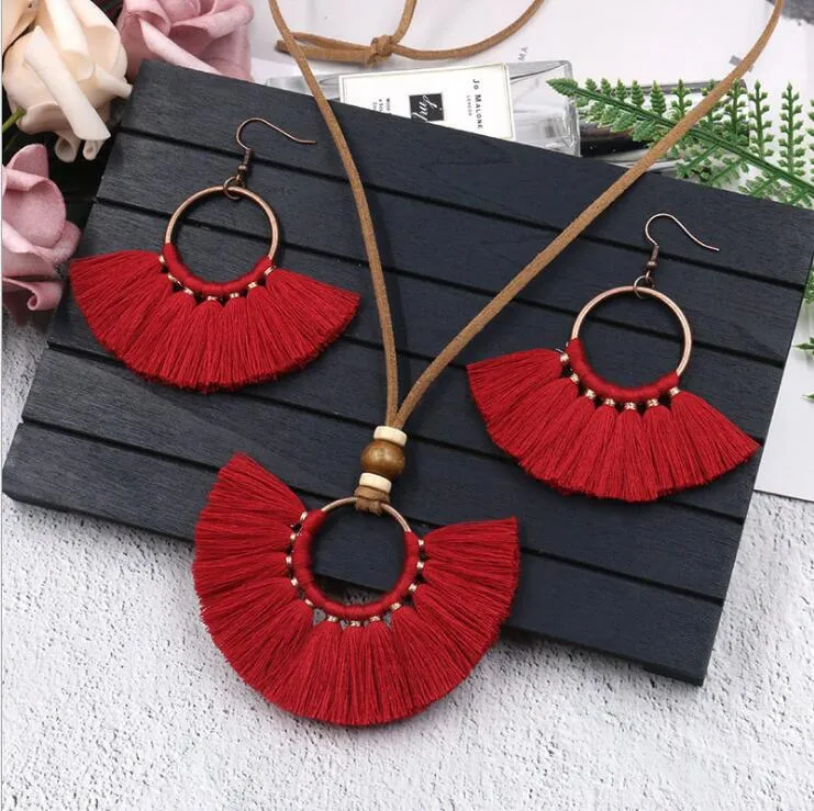 Tassel Earrings Necklace Set Handmade Multicolor Bohemian Women Ethnic Circle Jewelry Set GD503