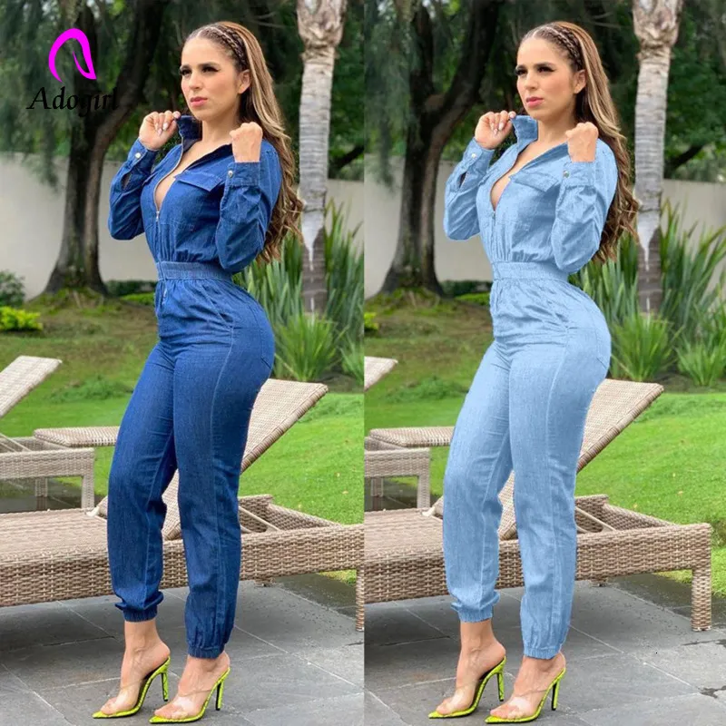 Denim Rompers Womens Zipper Fly Jumpsuit Autumn Winter One Piece Outfits Jeans Overalls Night Club Party Long Sleeve Jumpsuits T200808