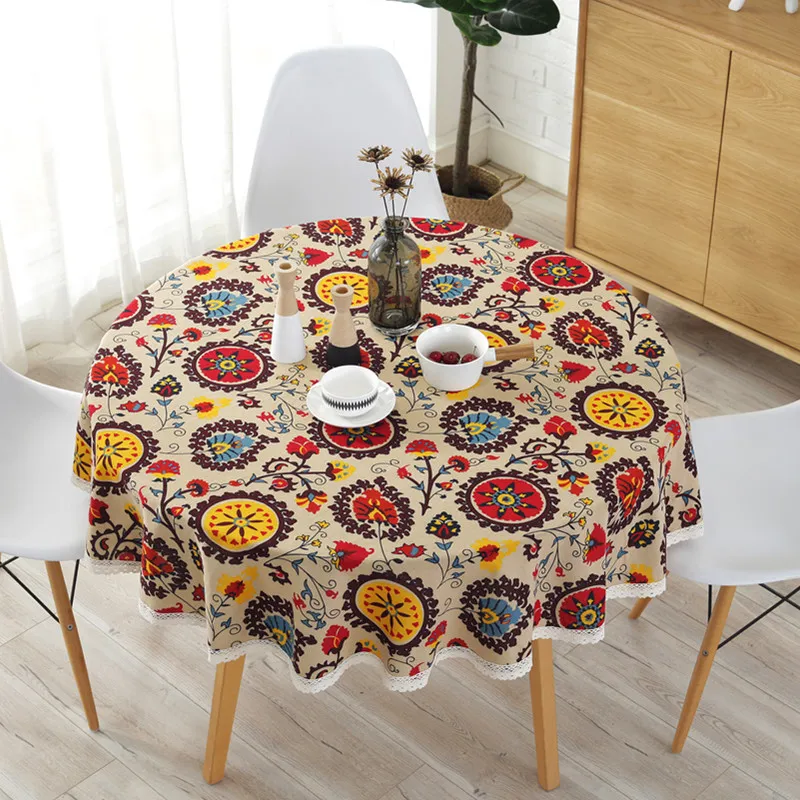 Bohemian Lace Tablecloth National Wind Round Cotton Printed Hotel Decorative Table Cloth Sunflower Decor Table Cloth Covers Lace