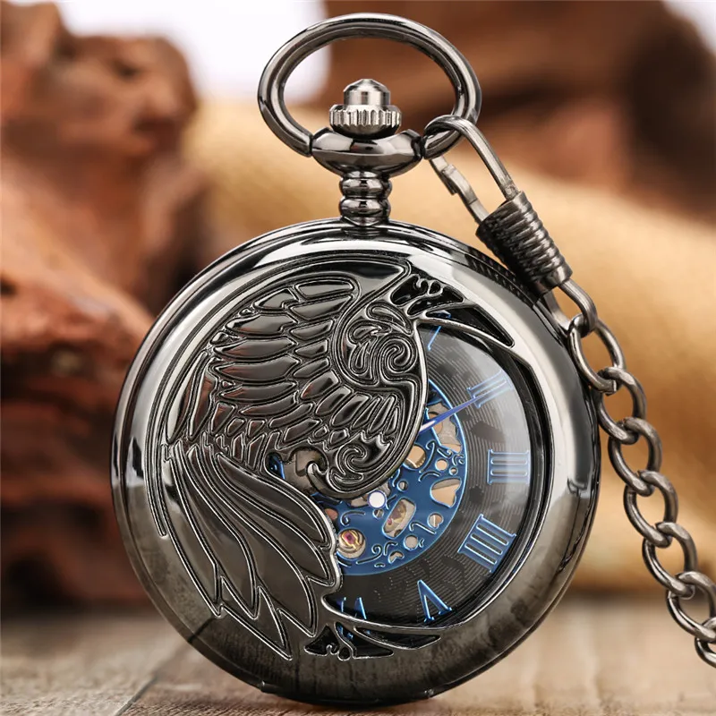 Classic Hollow Phoenix Cover Design Watches Unisex-Skelett-Handaufzugs-Mechanische Taschenuhr Römische Ziffer Zifferblatt Anhängerkette