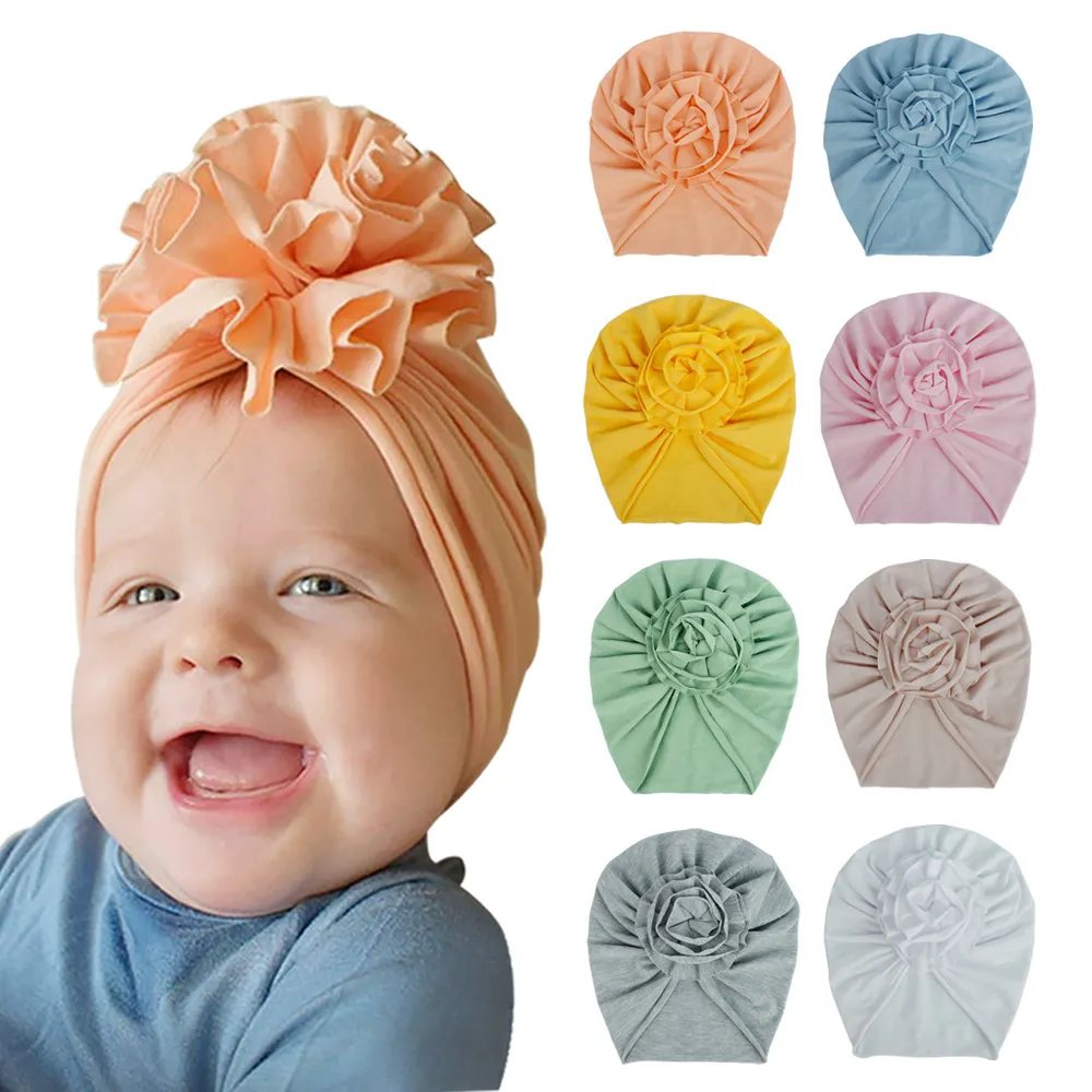 INS 20 Colors New Fashion Pleated Stereo Flower Baby Cap Elastic Cotton Solid Colors Hair accessories Beanie Cap Infant Turban Hats