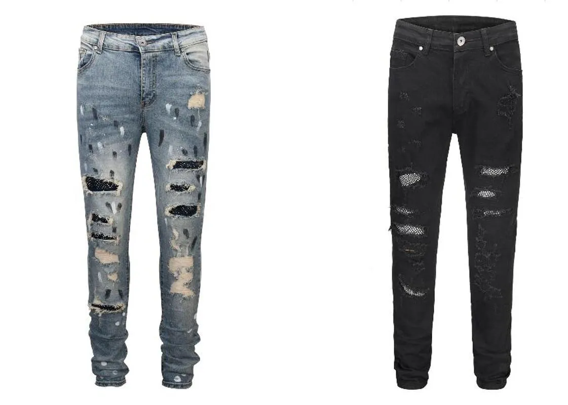 Męskie dżinsy 2021 Top Designer Odzież Dolna strona Splash-Ink Ripped Men Hip Hop Fashion Casual Drawstring Hole Black Blue 30-36