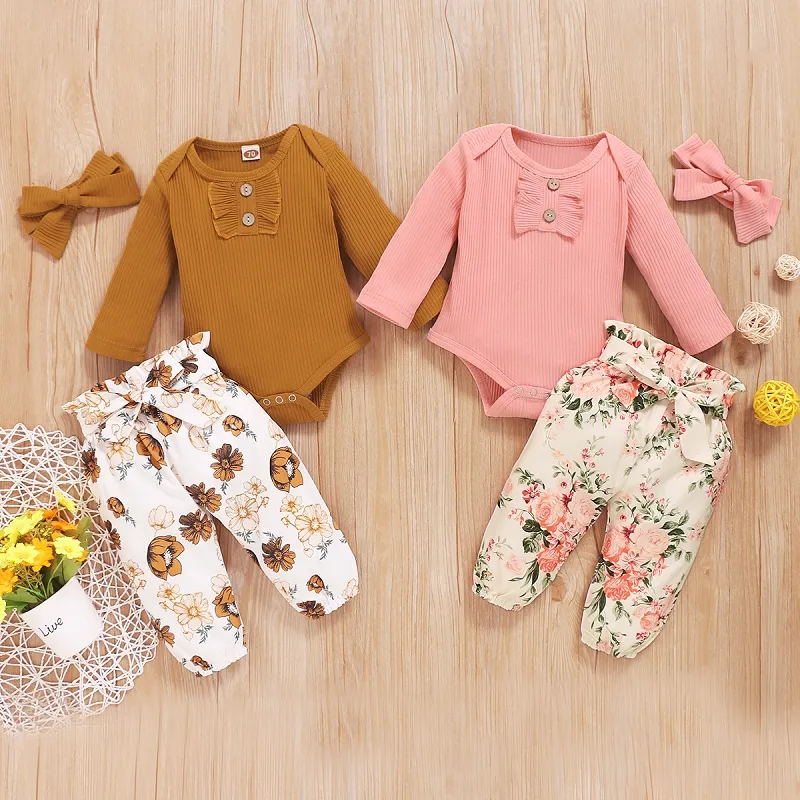 Baby kläder nyfödda tjejer blomma tryck kläder sätter långärmad romer + blommiga byxor + huvudband 3pcs / set boutique kids outfits m2509