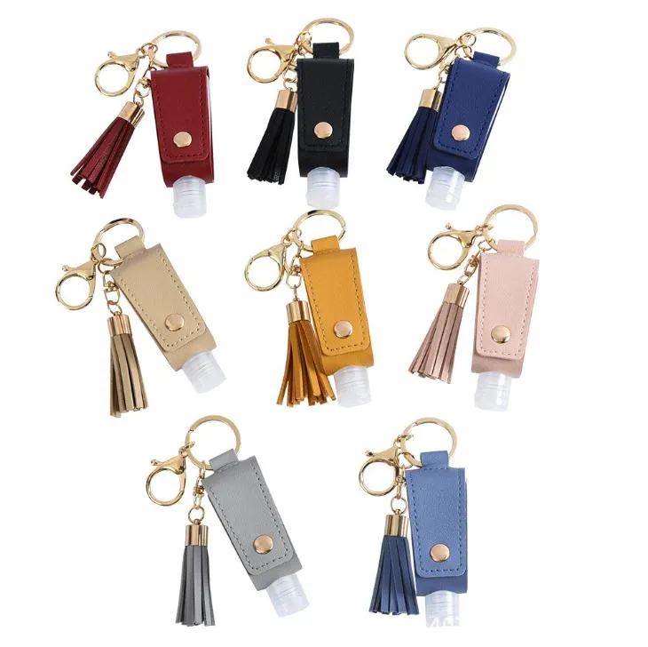 Hand Sanitizer Bottle Cover PU Couro Borla Titular Keychain Chaveiro Chaveiro Capa De Armazenamento Sacos Festa Presente SN3366