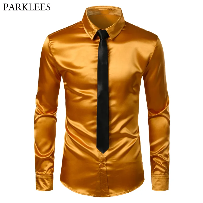 Mannen Goud Zijde Satijn 2 Stuks Overhemden (Shirt+Stropdas) Merk Slim Fit Button Down Wedding Party Prom Shirt Mannelijke Chemise Homme 3XL