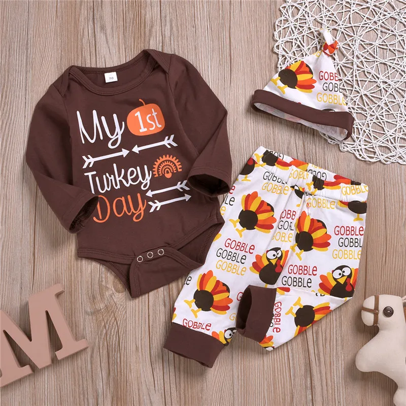 Newborn Girl`s Clothing Suits Baby Infant Children`s Thanksgiving New Turkey Printed Cotton Long Sleeve Romper + Pants + Hat 3-piece Set
