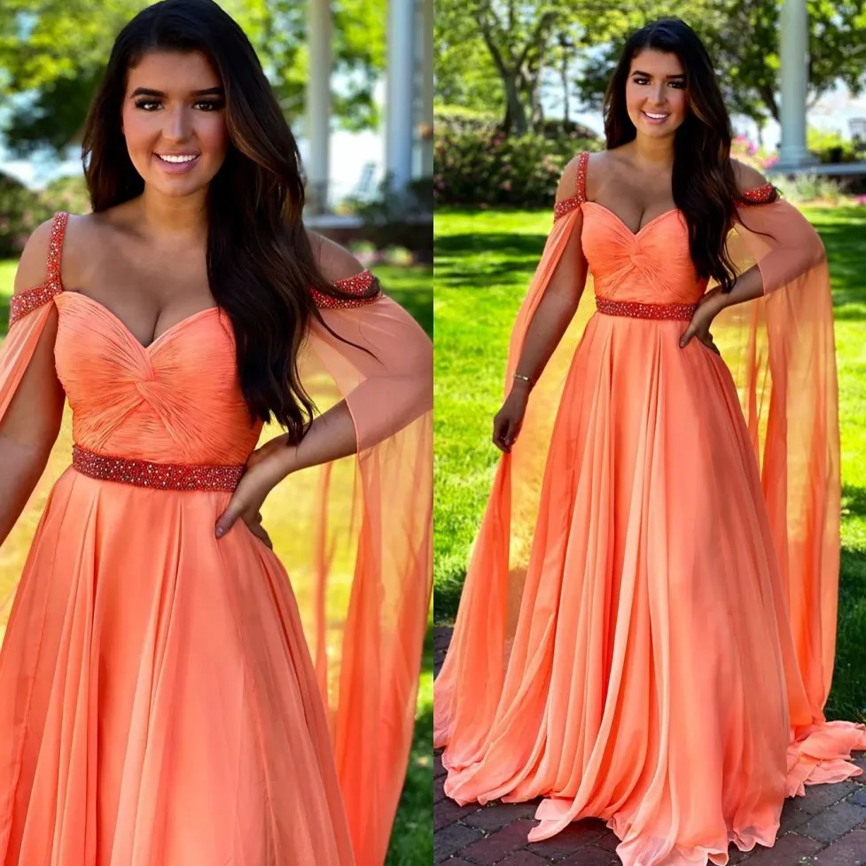 Laranja frisada Prom Dresses decote lantejoulas vestidos de noite A Linha Chiffon Trem da varredura vestido plissado Formal