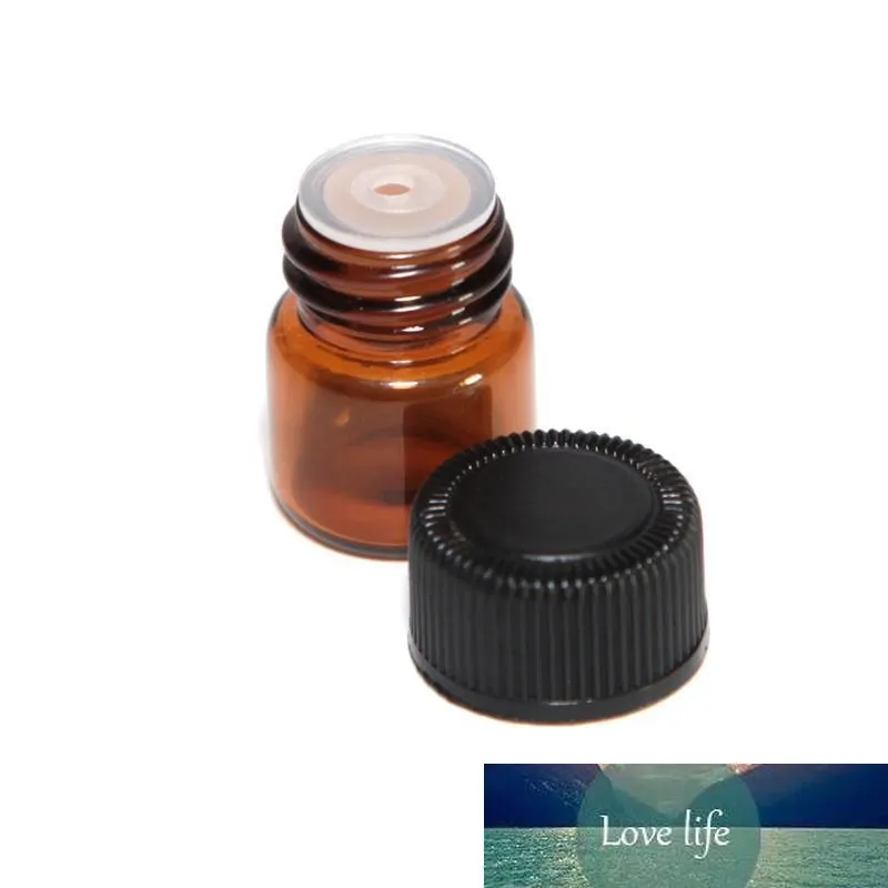 2000pcs / lot 1ml (1/4 DRAM) Amber Glas Essentiële Olie Fles Parfum Voorbeeldbuizen Fles met Plug en Caps