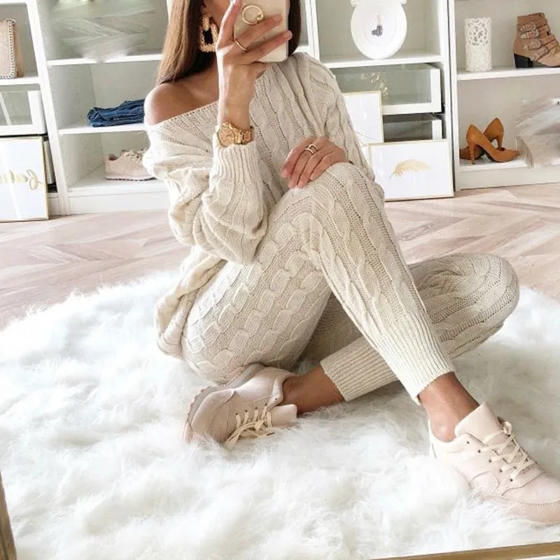Pantalones de dos piezas de punto torcido informal para mujer jersey de manga larga su ter y l piz traje de falda de punto para mujer