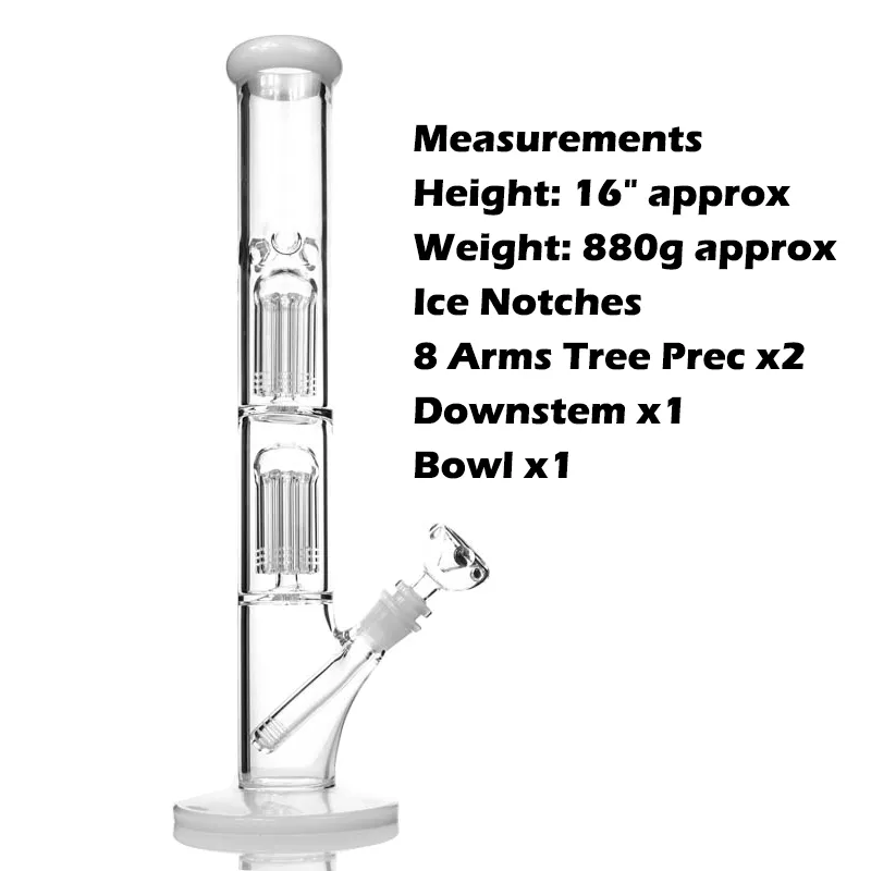Tung glas vatten Bong Double Eight Arms Tree Perc Pipe 16 "Tall Big Bongs