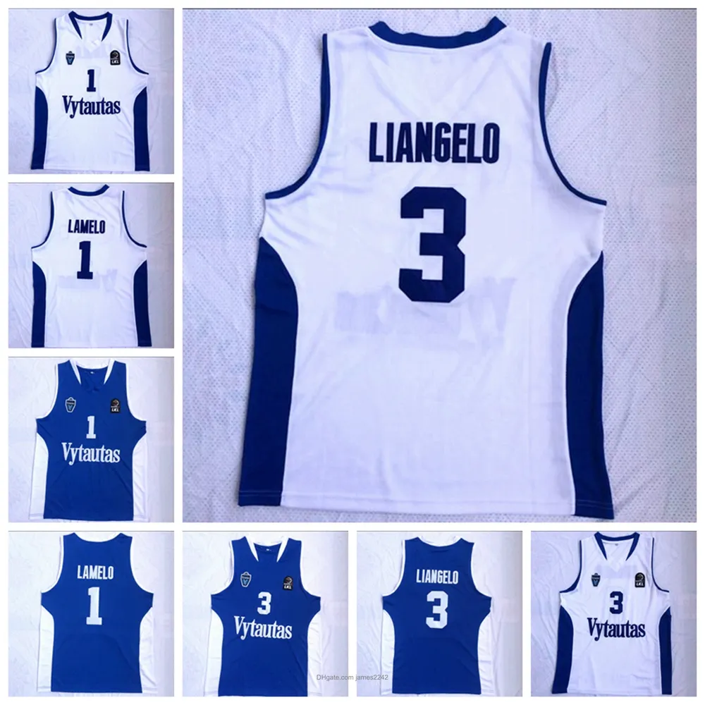 Mężczyźni LaMelo Ball #1 LiAngelo Ball #3 litwa Vytautas koszulka do koszykówki niebieskie białe szyte koszule rozmiar haftu X-2XL