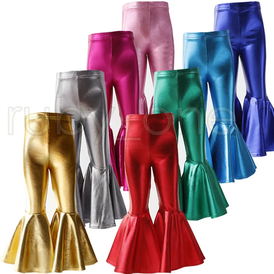 Niños pequeños Colores brillantes sólidos Leggings Bebé niña Pantalones de cuero Moda Ruffle Bell Bottoms Niños Cumpleaños Trajes Pantalones de algodón RRA3537