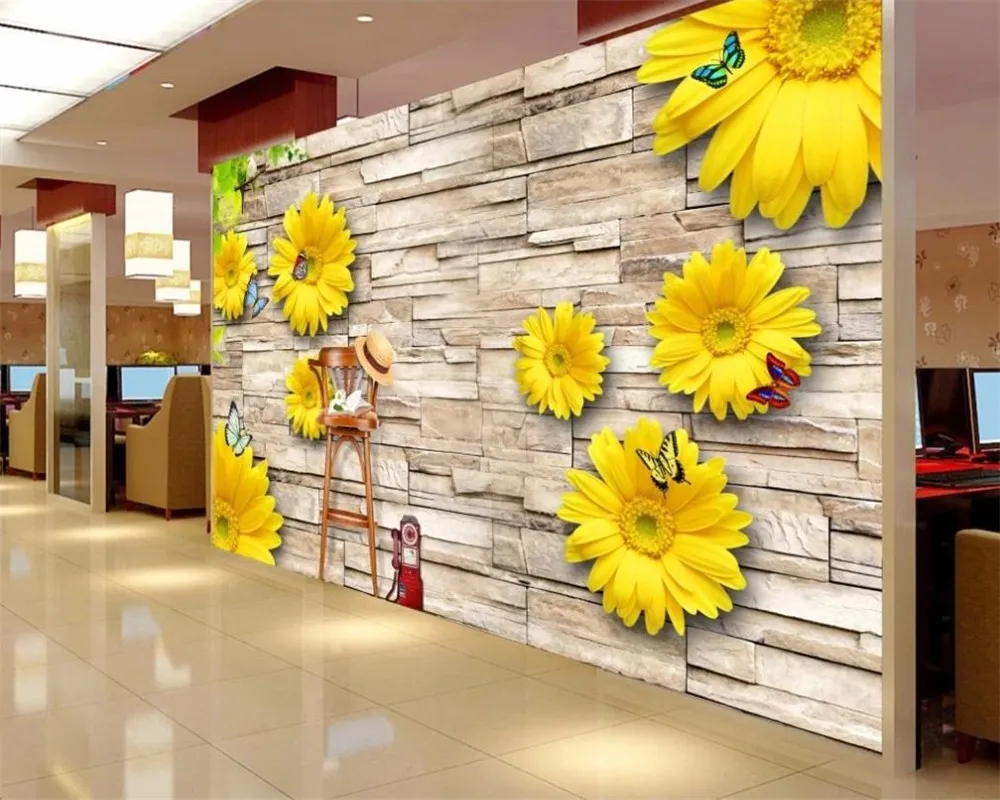 3d Mural Wallpaper 3d Modern Wallpaper Golden Sunflower Stone Wall Digital Printing HD Decorative Beautiful Wallpaper