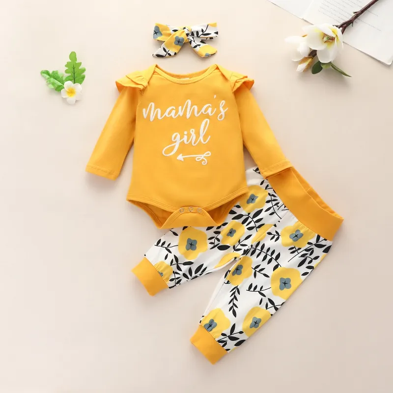 Autumn Baby Clothing Sets Long Sleeve Letters Print Romper Top + Leopard Floral Pants + Headbands Boutique Newborn Outfits M2550