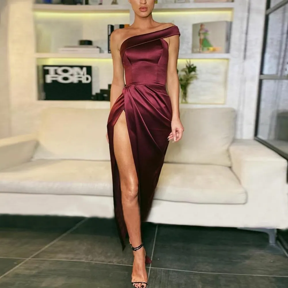 Burgundy Satin High slit Formal Dress with High Split and Vintage Ruched Skirt - Elegant One Shoulder Sleeveless Formal Prom Dress