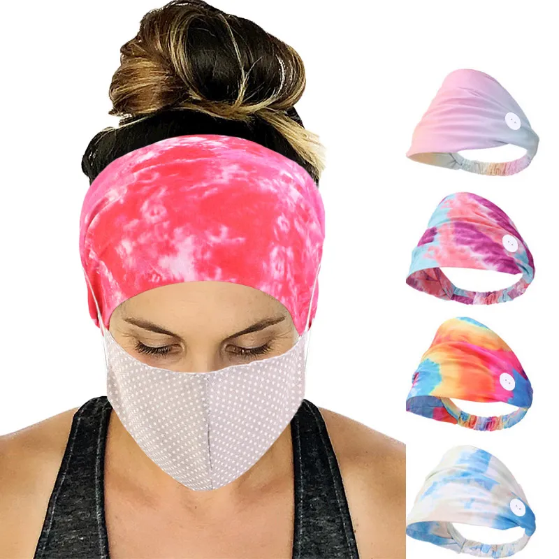 Katoen Tie-Dye Hoofdband Met Button Houd Oor van Pijn Sports Haarband Dames Gym Outdoor Haar Wrap Elastische Haaraccessoires