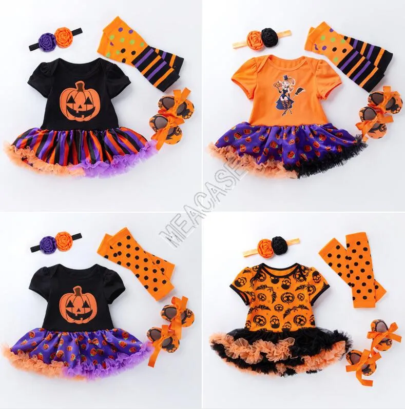 Halloween baby tjejer kläder set rompers tutu klänning + huvudband + knipad + skor fyra-bitars kostym halloween barn krukor snö pumpa jumpsuits d82503