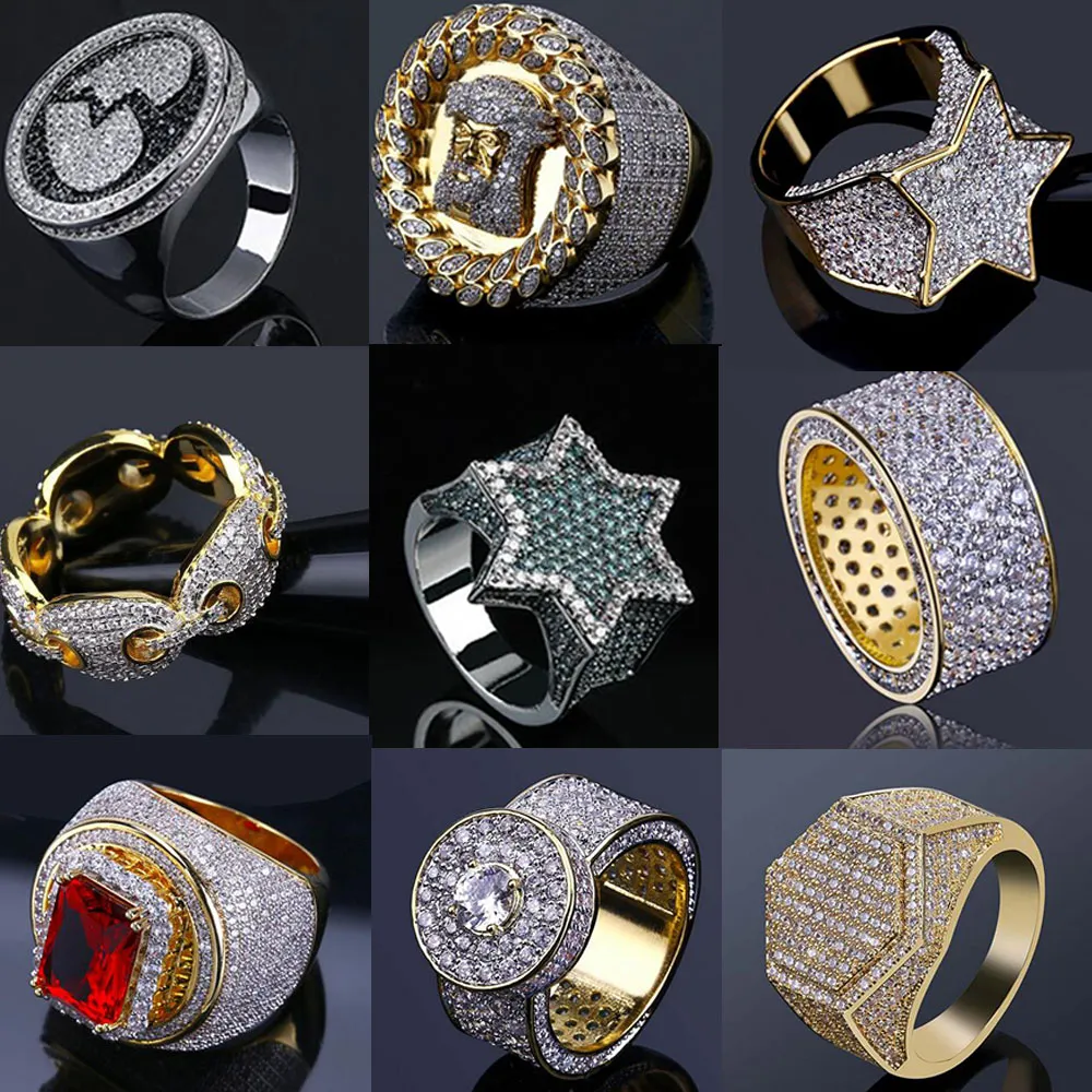 14k Gelado Gelado Anéis Anéis Mens Hip Hop Jóias Bling Bling Cool Zircônia Pedra Luxo Deisnger Homens Hiphop Anéis Presentes