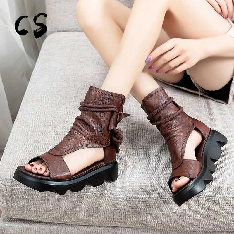 Cuculus Summer Women Boots عرضة أحذية الكاحل غير الرسمية القطع الجلدية الأصلية الصنادل الرجعية المصنوعة يدويًا أحذية نسائية