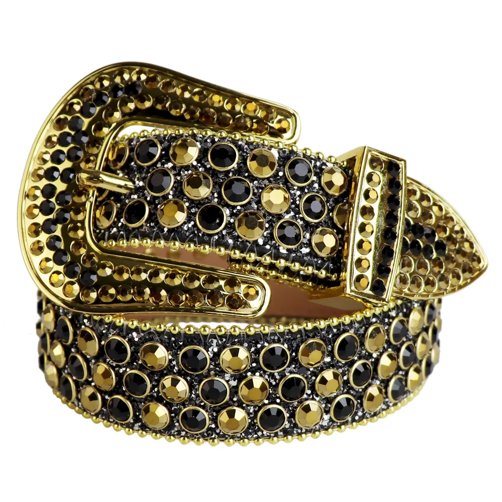 Western Bling Bling Colorful Swarovski Crystal Gold & Black Rhinestone Belt Studded Belt Removable Buckle for men