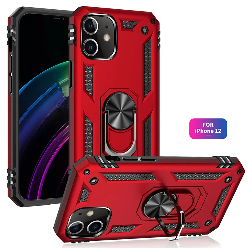 Custodie per porta anelli in metallo Custodie antiurto per staffa anti-caduta Cover posteriore per iPhone 11 12 Pro Max Samsung Galaxy S10 S20 Note20 S21